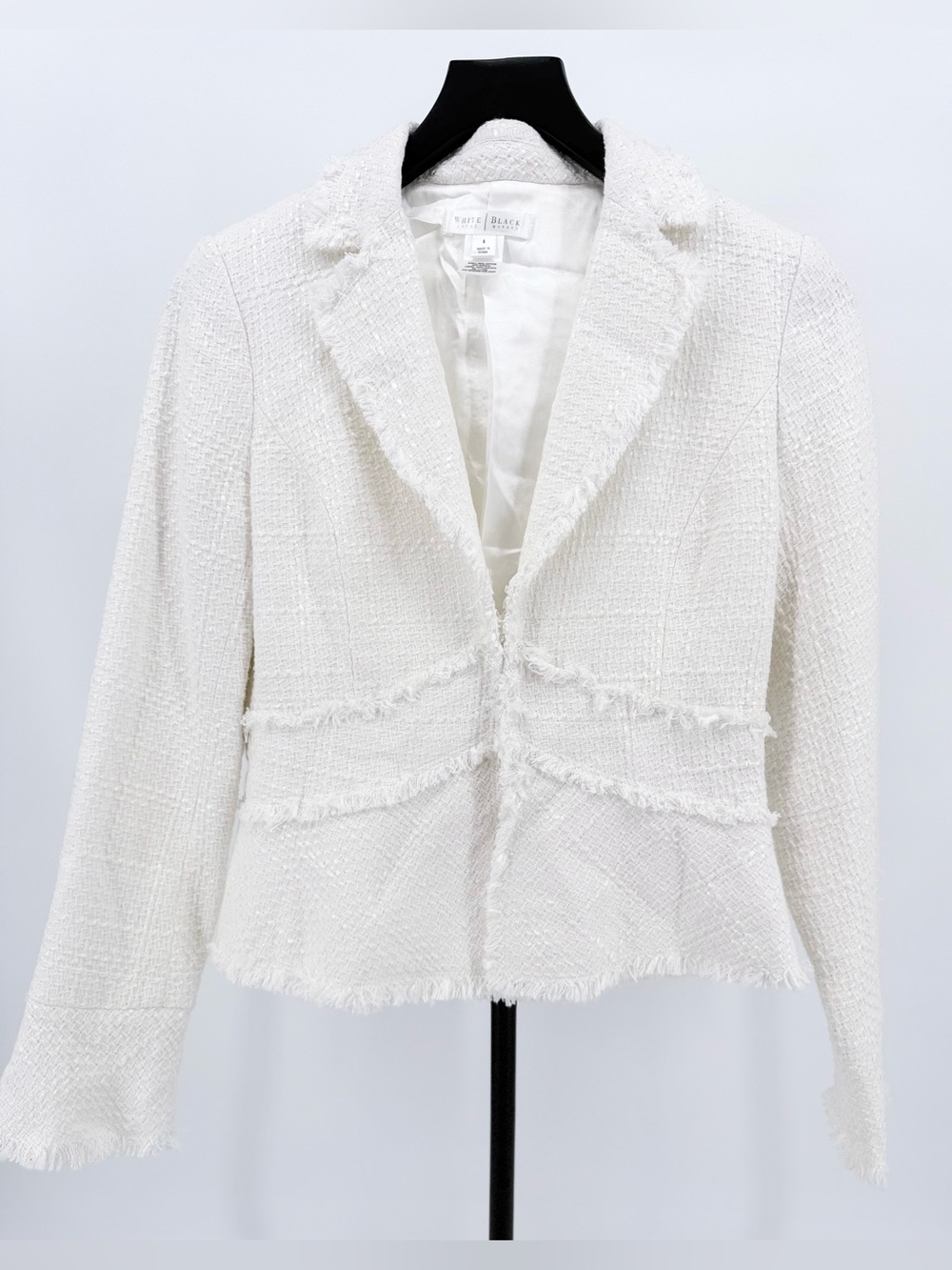 White House Black Market White Tweed Blazer Size 4 Fringe Trim Jacket - Picture 4 of 9